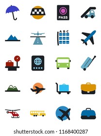 Color and black flat icon set - plane vector, runway, taxi, suitcase, baggage trolley, airport bus, umbrella, passport, ladder car, helicopter, seat map, luggage scales, mountains, case