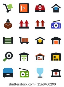 Color and black flat icon set - checkroom vector, doctor case, container, fragile, cargo, warehouse storage, up side sign, package, search, radio, archive box, garage gate control