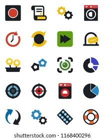 Color and black flat icon set - ticket office vector, washer, gear, circle chart, contract, pills blister, fast forward, update, record, eye id, pie graph, target, flower in pot, clock