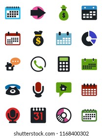 Color and black flat icon set - right arrow vector, calendar, circle chart, microphone, calculator, phone, home message, money bag