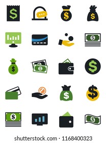 Color and black flat icon set - ticket office vector, dollar sign, money bag, statistic monitor, cash, receipt, credit card, wallet, investment