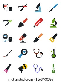 Color and black flat icon set - trowel vector, pruner, saw, stethoscope, blood pressure, thermometer, heart diagnostic, microscope, scalpel, microphone