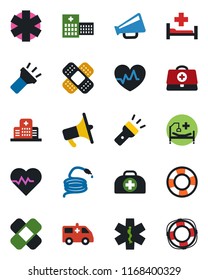 Color and black flat icon set - hose vector, heart pulse, doctor case, patch, ambulance star, car, hospital bed, loudspeaker, torch, crisis management