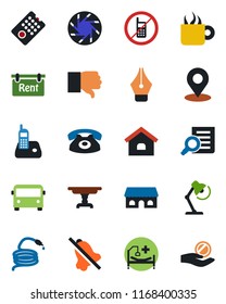 Color and black flat icon set - airport bus vector, no mobile, document search, hose, hospital bed, radio phone, finger down, camera, mute, place tag, ink pen, desk lamp, house, rent, table, coffee