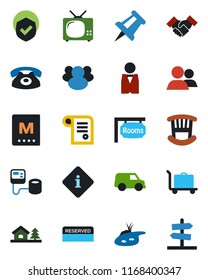 Color and black flat icon set - baggage trolley vector, drawing pin, blood pressure, shield, group, handshake, house with tree, pond, rooms, children room, tv, phone, waiter, menu, reserved, car