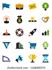 Color and black flat icon set - arrow up graph vector, shining head, rocket, handshake, money bag, pennon, crisis, cart, flag, case, hierarchy, management, mail, advertising, pedestal, award cup