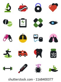 Color and black flat icon set - heart vector, blood pressure, thermometer, microscope, pills, bottle, patch, ambulance car, barbell, run, lungs, caries, eye, pulse clipboard, diet, virus, heavy