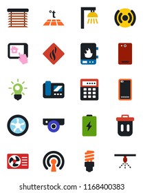 Color and black flat icon set - phone back vector, fan, water heater, wireless, web camera, air conditioner, intercome, home control app, smoke detector, warm floor, bulb, energy saving, jalousie