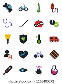 Color and black flat icon set - heart pulse vector, stethoscope, dropper, thermometer, pills, blister, scalpel, ambulance car, bike, shield, implant, eye, broken bone, diet, patient, virus, flask