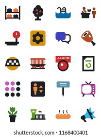 Color and black flat icon set - taxi vector, passport control, elevator, luggage storage, airport building, document reload, flower in pot, plant label, railroad, heavy scales, tv, dialog, menu, ham