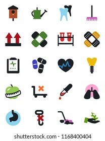 Color and black flat icon set - rake vector, watering can, lawn mower, bird house, heart pulse, blood test vial, dropper, pills, patch, stomach, lungs, tooth, implant, clipboard, diet, up side sign