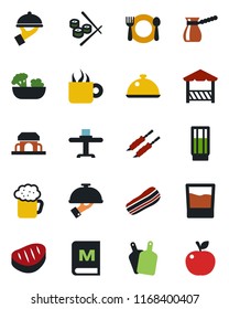 Color and black flat icon set - dish vector, restaurant table, cafe, menu, drink, coffee, beer, salad, bacon, waiter, building, alcove, steak, kebab, cutting board, turkish, sushi, apple fruit