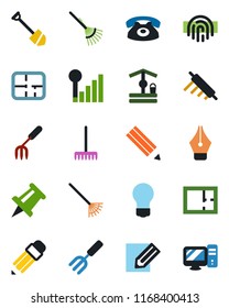 Color and black flat icon set - drawing pin vector, bulb, job, pencil, garden fork, rake, well, fingerprint id, cellular signal, ink pen, plan, phone, rolling, pc