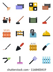 Color and black flat icon set - passport control vector, trowel, farm fork, rake, pruner, hoe, garden knife, scalpel, cargo container, rack, application, paper clip, heater, dish, radiator