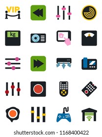 Color and black flat icon set - radar vector, stamp, scales, gamepad, settings, remote control, fast forward, rewind, tuning, record, air conditioner, vip zone, intercome, home app, garage gate