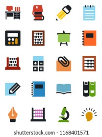 Color and black flat icon set - book vector, calculator, abacus, desk, notepad, presentation board, pencil, microscope, copybook, paper clip, ink pen, shining head