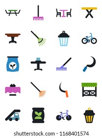 Color and black flat icon set - cafe vector, ladder car, rake, sickle, garden light, picnic table, fertilizer, bike, restaurant, alcove, outdoor lamp