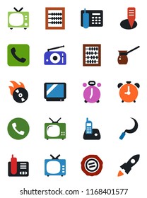 Color and black flat icon set - alarm clock vector, phone, tv, abacus, stamp, sickle, plant label, flame disk, radio, call, office, turkish coffee, rocket