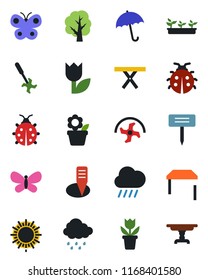 Color and black flat icon set - umbrella vector, sun, flower in pot, ripper, tree, butterfly, lady bug, seedling, rain, plant label, picnic table, tulip