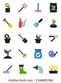 Color and black flat icon set - job vector, flower in pot, garden fork, farm, rake, seedling, watering can, sproute, pruner, boot, sprayer, fertilizer