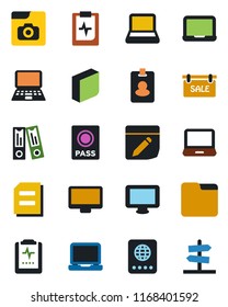 Color and black flat icon set - passport vector, office binder, notebook pc, document, pulse clipboard, monitor, laptop, folder, notes, photo gallery, blank box, sale, pass card, guidepost