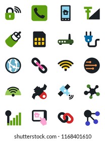 Color and black flat icon set - satellite vector, network, share, chain, rca, call, sim, cellular signal, wireless, power plug, lock, router, home control app, social media