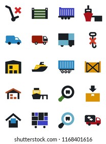 Color and black flat icon set - sea shipping vector, truck trailer, car delivery, port, container, consolidated cargo, warehouse storage, no trolley, hook, package, search, moving