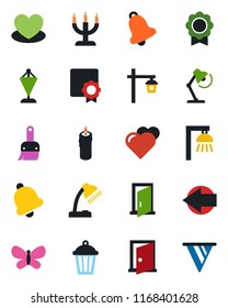 Color and black flat icon set - left arrow vector, pennant, butterfly, garden light, heart, themes, bell, sertificate, desk lamp, candle, outdoor, door, pennon