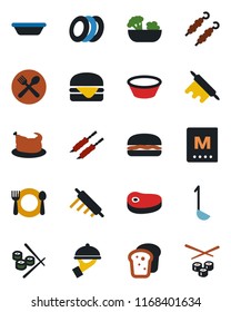 Color and black flat icon set - cafe vector, menu, salad, plates, waiter, bread, chicken, steak, kebab, hamburger, ladle, bowl, rolling pin, sushi
