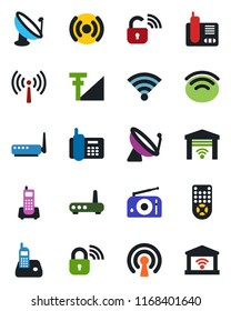 Color and black flat icon set - antenna vector, satellite, office phone, radio, remote control, wireless, cellular signal, lock, router, garage gate