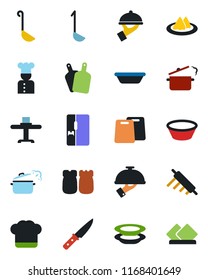 Color and black flat icon set - fridge vector, cook, restaurant table, serviette, hat, plates, waiter, salt and pepper, ladle, bowl, rolling pin, cutting board, knife, steaming pan