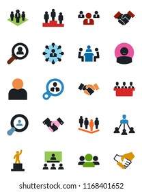 Color and black flat icon set - handshake vector, hierarchy, pedestal, team, patient, user, meeting, company, client search, consumer, group