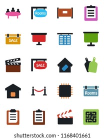 Color and black flat icon set - fence vector, flight table, presentation board, meeting, clipboard, clapboard, sale, rooms, smart home, cutting, chip