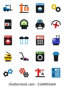 Color and black flat icon set - coffee machine vector, washer, fork loader, gear, ripper, lawn mower, tomography, printer, copier, crane, water filter, combination lock