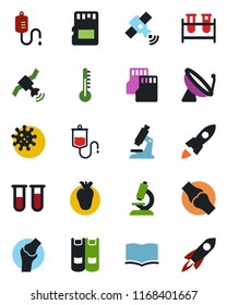 Color and black flat icon set - satellite antenna vector, book, blood test vial, dropper, microscope, real heart, joint, virus, sd, thermometer, rocket