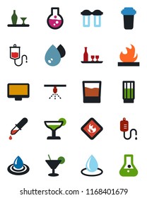 Color and black flat icon set - water drop vector, dropper, flammable, monitor, alcohol, drink, cocktail, filter, sprinkler, flask
