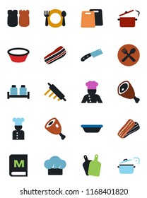 Color and black flat icon set - cook vector, cafe, hat, menu, bacon, salt and pepper, ham, bowl, rolling pin, cutting board, knife, steaming pan