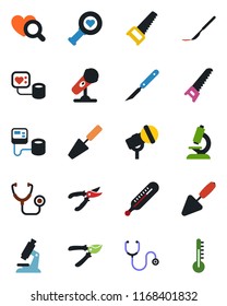 Color and black flat icon set - trowel vector, pruner, saw, stethoscope, blood pressure, thermometer, heart diagnostic, microscope, scalpel, microphone