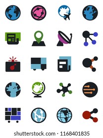 Color and black flat icon set - satellite antenna vector, bomb in case, globe, plane, earth, pin, consolidated cargo, network, share, news, social media