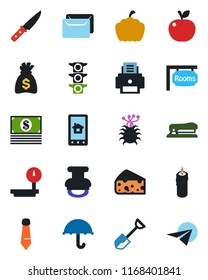 Color and black flat icon set - tie vector, money bag, shovel, pumpkin, virus, traffic light, umbrella, heavy scales, printer, stamp, stapler, mail, rooms, candle, knife, apple fruit, cheese, cash