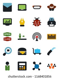 Color and black flat icon set - baggage trolley vector, escalator, notebook pc, lady bug, garden knife, molecule, search cargo, barcode, antenna, calculator, mail, monitor statistics, ink pen, group