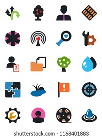Color and black flat icon set - water drop vector, pond, heart diagnostic, pills blister, ambulance star, patient, route, important flag, folder document, reel, antenna, application, root setup