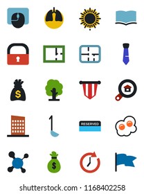 Color and black flat icon set - sun vector, book, pennant, mouse, money bag, tree, molecule, lungs, lock, tie, plan, estate search, city house, reserved, ladle, omelette, clock, flag