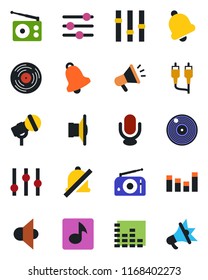 Color and black flat icon set - vinyl vector, microphone, radio, speaker, settings, equalizer, rca, tuning, bell, mute, music, advertising