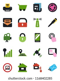 Color and black flat icon set - antenna vector, no laptop, lock, pen, navigation, satellite, news, video camera, network, touch screen, mobile, mail, cellular signal, printer, house, home control
