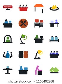 Color and black flat icon set - baby room vector, reception, desk, meeting, manager place, lamp, table, restaurant, serviette, cafe, reserved, salt and pepper