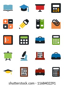 Color and black flat icon set - checkroom vector, book, calculator, graduate, abacus, presentation board, microscope, case, paper clip, pencil