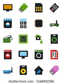 Color and black flat icon set - washer vector, calculator, monitor, speaker, sim, smart home, credit card, control, chip, remote, router, usb flash