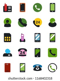 Color and black flat icon set - phone vector, mobile, office, 24 hours, support, cell, radio, back, call, sim