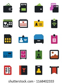 Color and black flat icon set - credit card vector, identity, medical calendar, gallery, sd, sim, archive box, wine, pass, wallet, pennon